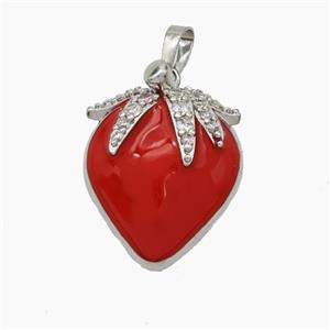 Copper Starwberry Charms Pendant Pave Zirconia Red Enamel Platinum Plated, approx 20-23mm