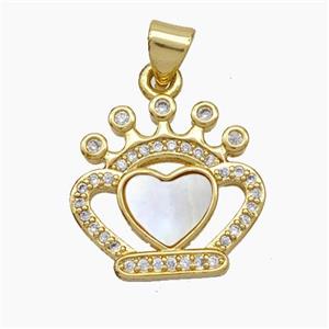 Copper Crown Heart Pendant Pave Zirconia Shell 18K Gold Plated, approx 17-18mm