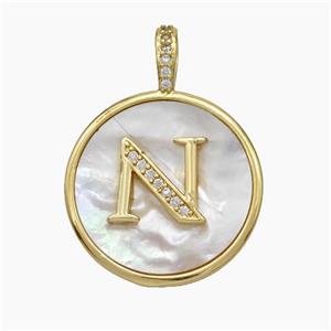 Copper Letter-N Pendant Pave Shell Zirconia Circle Gold Plated, approx 24mm