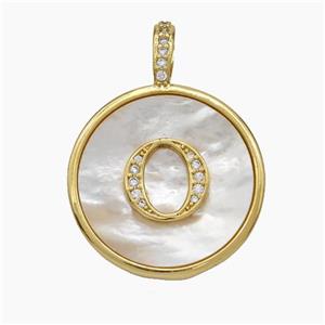 Copper Letter-O Pendant Pave Shell Zirconia Circle Gold Plated, approx 24mm