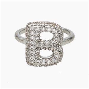Copper Letter-B Rings Micropave Zirconia Platinum Plated, approx 9-14mm, 18mm dia