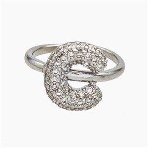 Copper Letter-C Rings Micropave Zirconia Platinum Plated, approx 9-14mm, 18mm dia