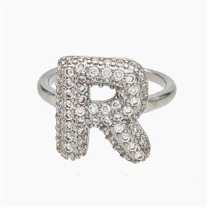 Copper Letter-R Rings Micropave Zirconia Platinum Plated, approx 9-14mm, 18mm dia