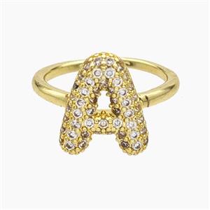 Copper Letter-A Rings Micropave Zirconia Gold Plated, approx 9-14mm, 18mm dia