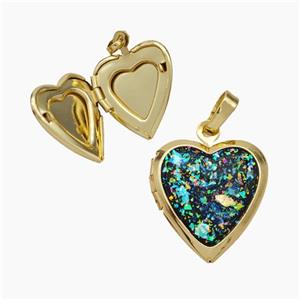 Copper Heart Locket Pendant Pave Fire Opal 18K Gold Plated, approx 17-18mm