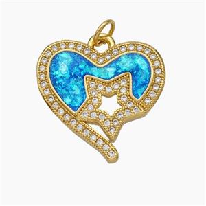 Copper Heart Pendant Pave Zirconia Blue Fire Opal Star 18K Gold Plated, approx 20mm