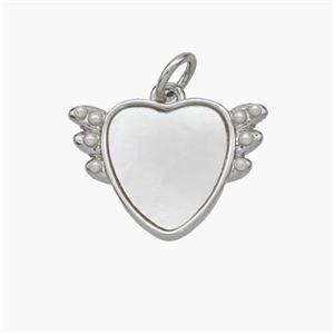 Copper Heart Pendant Pave Shell Angel Wings Platinum Plated, approx 12-17mm