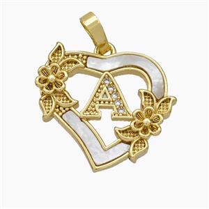 Copper Heart Pendant Pave Shell Zirconia Letter-A Flower 18K Gold Plated, approx 20mm