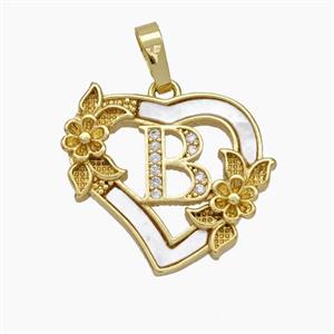 Copper Heart Pendant Pave Shell Zirconia Letter-B Flower 18K Gold Plated, approx 20mm
