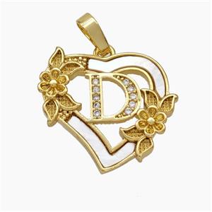 Copper Heart Pendant Pave Shell Zirconia Letter-D Flower 18K Gold Plated, approx 20mm