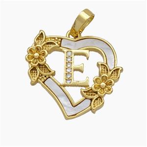 Copper Heart Pendant Pave Shell Zirconia Letter-E Flower 18K Gold Plated, approx 20mm