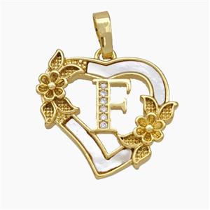 Copper Heart Pendant Pave Shell Zirconia Letter-F Flower 18K Gold Plated, approx 20mm