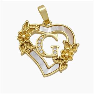 Copper Heart Pendant Pave Shell Zirconia Letter-G Flower 18K Gold Plated, approx 20mm