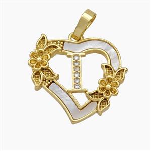 Copper Heart Pendant Pave Shell Zirconia Letter-I Flower 18K Gold Plated, approx 20mm