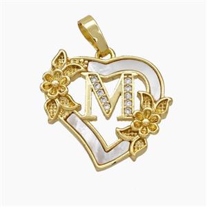Copper Heart Pendant Pave Shell Zirconia Letter-M Flower 18K Gold Plated, approx 20mm