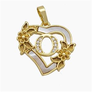 Copper Heart Pendant Pave Shell Zirconia Letter-O Flower 18K Gold Plated, approx 20mm