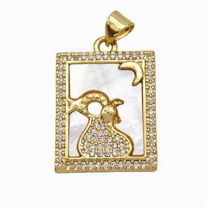 Copper Tarot Card Pendant Pave Shell Zirconia Zodiac Capricorn 18K Gold Plated, approx 17-20mm