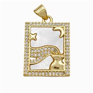 Copper Tarot Card Pendant Pave Shell Zirconia Zodiac Aquarius 18K Gold Plated, approx 17-20mm