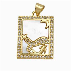 Copper Tarot Card Pendant Pave Shell Zirconia Zodiac Pisces 18K Gold Plated, approx 17-20mm