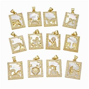 Copper Tarot Card Pendant Pave Shell Zirconia Zodiac 18K Gold Plated Mixed, approx 17-20mm