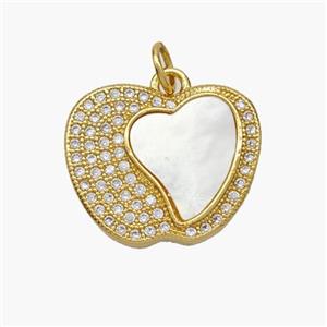 Copper Apple Pendant Pave Shell Zirconia Heart 18K Gold Plated, approx 15-18mm