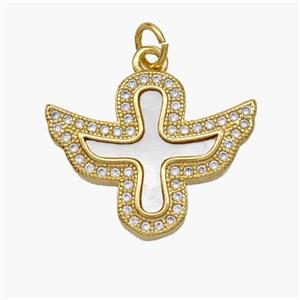 Copper Cross Pendant Pave Shell Zirconia Angel Wings 18K Gold Plated, approx 17-21mm