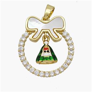 Christmas Bell Copper Bow Pendant Pave Shell Zirconia Painted 18K Gold Plated, approx 8-10mm, 22-25mm