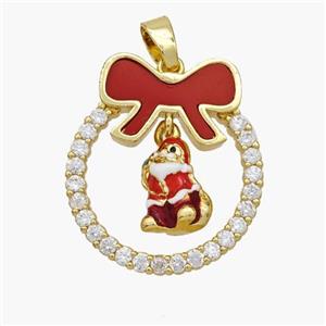 Christmas Santa Claus Copper Bow Pendant Pave Shell Zirconia Painted 18K Gold Plated, approx 8-10mm, 22-25mm