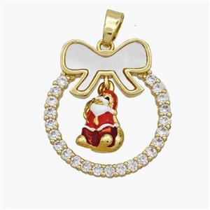 Christmas Santa Claus Copper Bow Pendant Pave Shell Zirconia Painted 18K Gold Plated, approx 8-10mm, 22-25mm