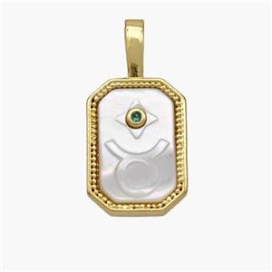 Copper Rectangle Pendant Pave Shell Zodiac Taurus 18K Gold Plated, approx 10-20mm