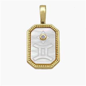 Copper Rectangle Pendant Pave Shell Zodiac Gemini 18K Gold Plated, approx 10-20mm