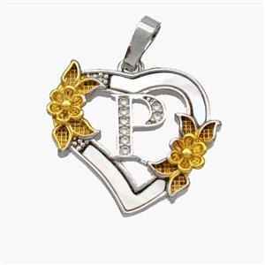 Copper Heart Pendant Pave Shell Zirconia Letter-P Platinum Plated 18K Gold Flower, approx 20mm