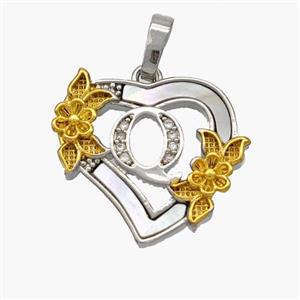 Copper Heart Pendant Pave Shell Zirconia Letter-Q Platinum Plated 18K Gold Flower, approx 20mm