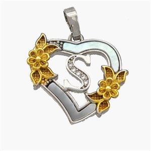 Copper Heart Pendant Pave Shell Zirconia Letter-S Platinum Plated 18K Gold Flower, approx 20mm