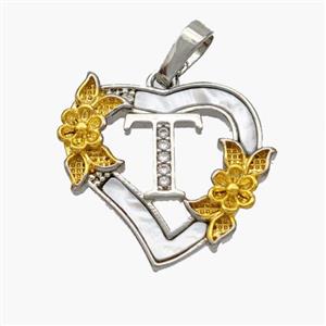 Copper Heart Pendant Pave Shell Zirconia Letter-T Platinum Plated 18K Gold Flower, approx 20mm