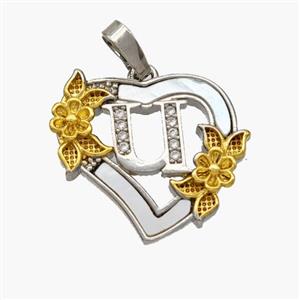 Copper Heart Pendant Pave Shell Zirconia Letter-U Platinum Plated 18K Gold Flower, approx 20mm