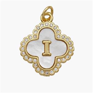 Copper Clover Pendant Pave Shell Zirconia Letter-I 18K Gold Plated, approx 17.5mm
