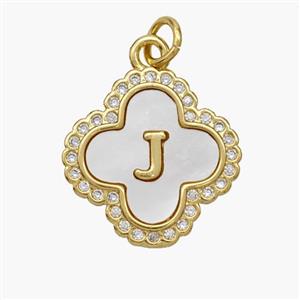 Copper Clover Pendant Pave Shell Zirconia Letter-J 18K Gold Plated, approx 17.5mm