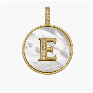 Copper Letter-E Pendant Pave Shell Zirconia Circle 18K Gold Plated, approx 18mm