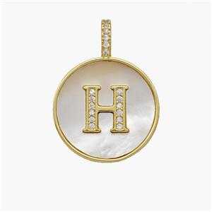 Copper Letter-H Pendant Pave Shell Zirconia Circle 18K Gold Plated, approx 18mm