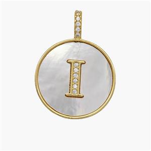 Copper Letter-I Pendant Pave Shell Zirconia Circle 18K Gold Plated, approx 18mm