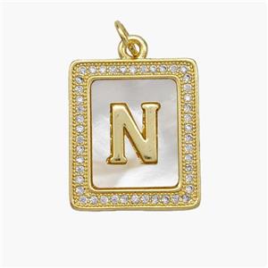 Copper Letter-N Pendant Pave Shell Zirconia Rectangle 18K Gold Plated, approx 17-20mm