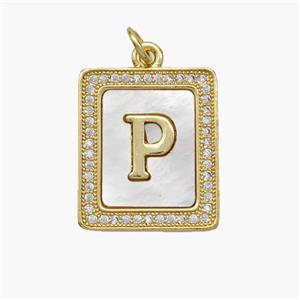 Copper Letter-P Pendant Pave Shell Zirconia Rectangle 18K Gold Plated, approx 17-20mm