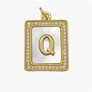 Copper Letter-Q Pendant Pave Shell Zirconia Rectangle 18K Gold Plated, approx 17-20mm