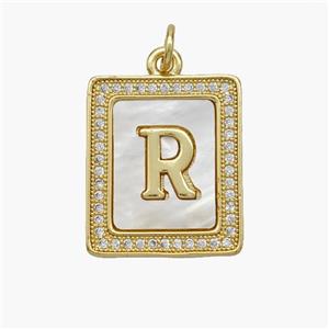 Copper Letter-R Pendant Pave Shell Zirconia Rectangle 18K Gold Plated, approx 17-20mm