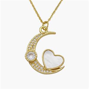 Copper Moon Heart Necklace Pave Shell Zirconia Gold Plated, approx 18-22mm, 1.2mm, 44cm length