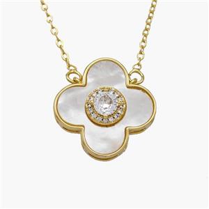 Copper Clover Necklace Pave Shell Zirconia Gold Plated, approx 22mm, 1.2mm, 44cm length