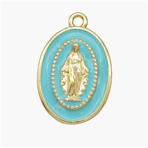 Copper Jesus Pendant Teal Enamel Oval Gold Plated, approx 14-19mm