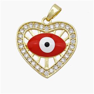 Copper Heart Pendant Pave Zirconia Evil Eye Red Enamel Gold Plated, approx 20mm