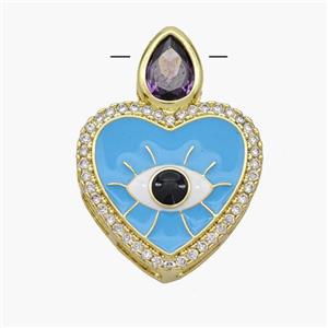 Copper Heart Pendant Pave Zirconia Evil Eye Blue Enamel Gold Plated, approx 18mm